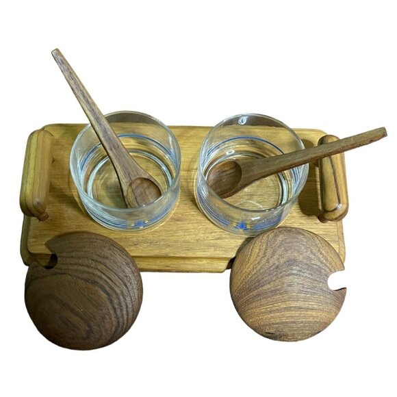Vintage Teak Wood & Glass Condiment Set With Tray Lids & Spoons by Goodwood - Picture 3 of 10